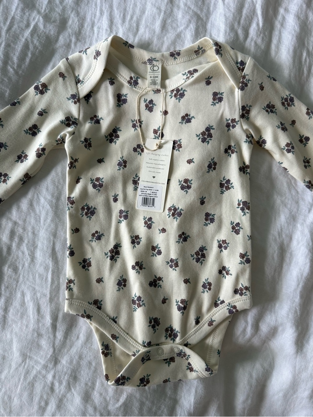 Colored Organics Cream Floral Long-Sleeve Baby One-Piece